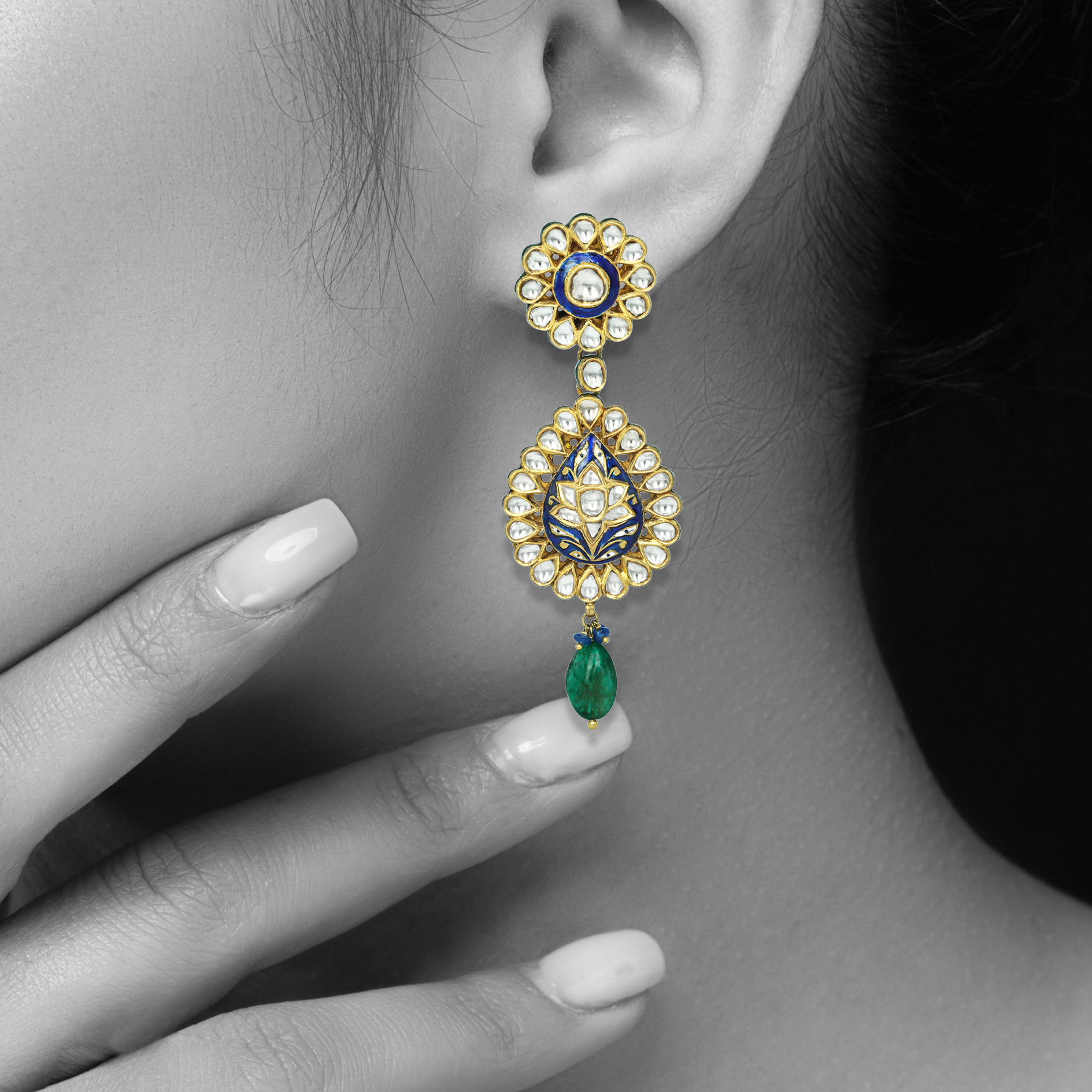 Blue Enamel Polki Earrings with Floral Design and Emerald Drops